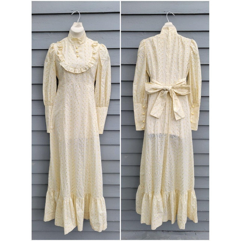 Vintage Eyelet Lace Maxi Dress Cream Victorian Prairie Ruffle High Neck Small